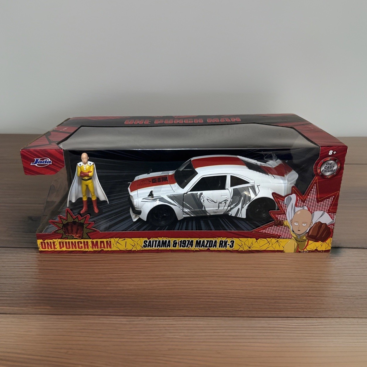 One Punch Man 1974 Mazda RX-3 Die-cast Car & 2.75&Prime; Saitama Figure, Toys New