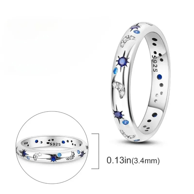 New Celestial Blue Sparkling Moon Sun Star Crystal Ring for Women Fashion