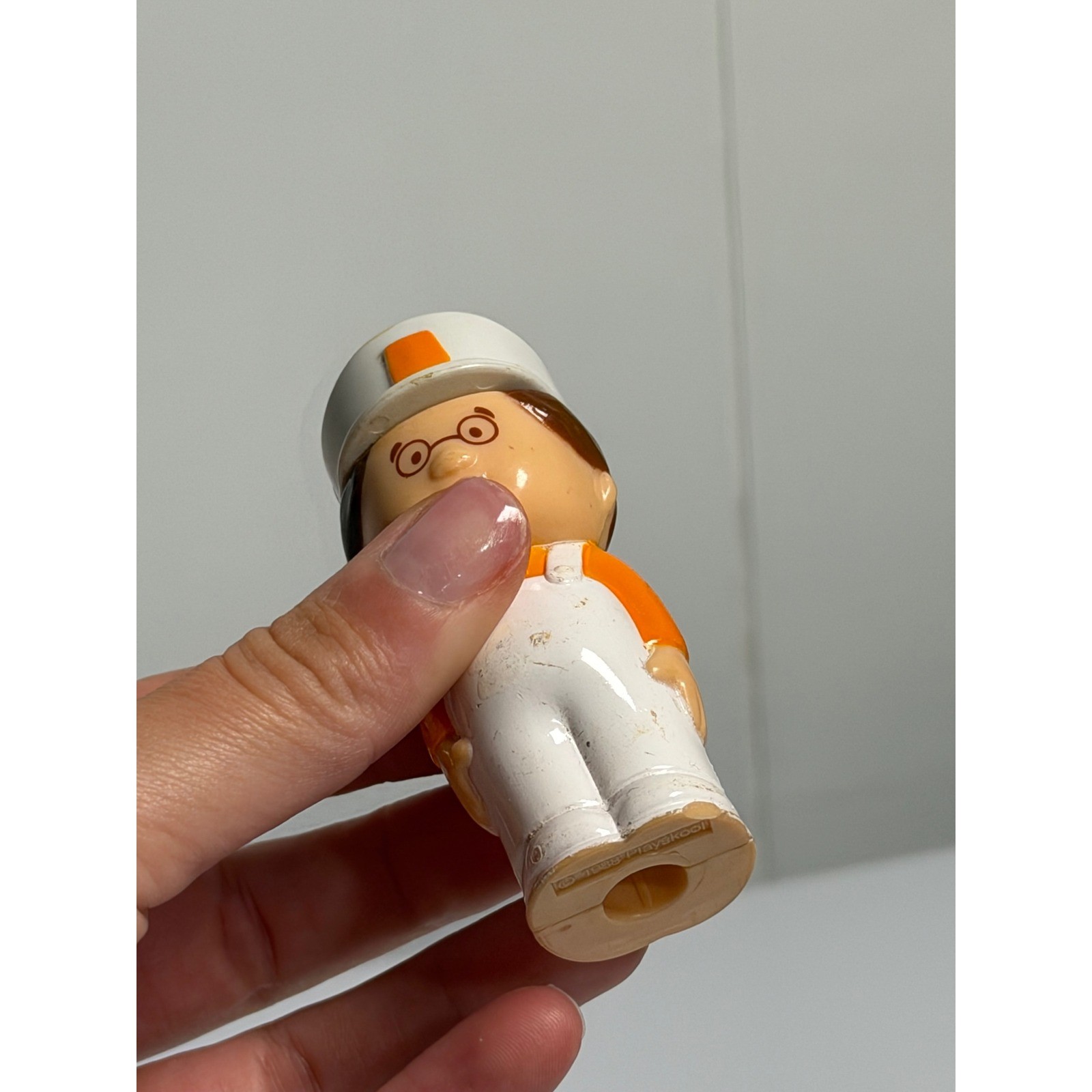 VTG Playskool Figure Orange White Worker Boy Glasses Hat 1988 Toy Collectible