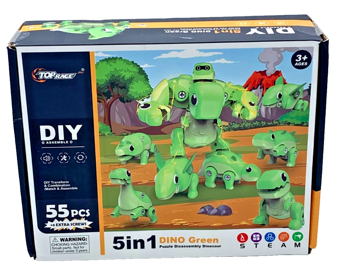 5-in-1 Dino Green Transforming Dinosaur Fun Toy Set Ages 3+ 55 Pcs New In Box