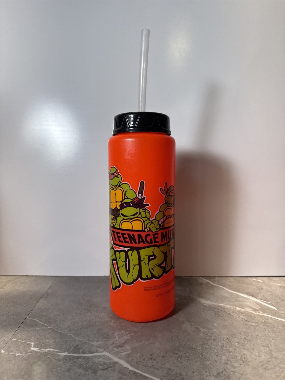 Teenage Mutant Ninja Turtles Vtg 1988 TMNT Orange Plastic Water Bottle w/ Straw