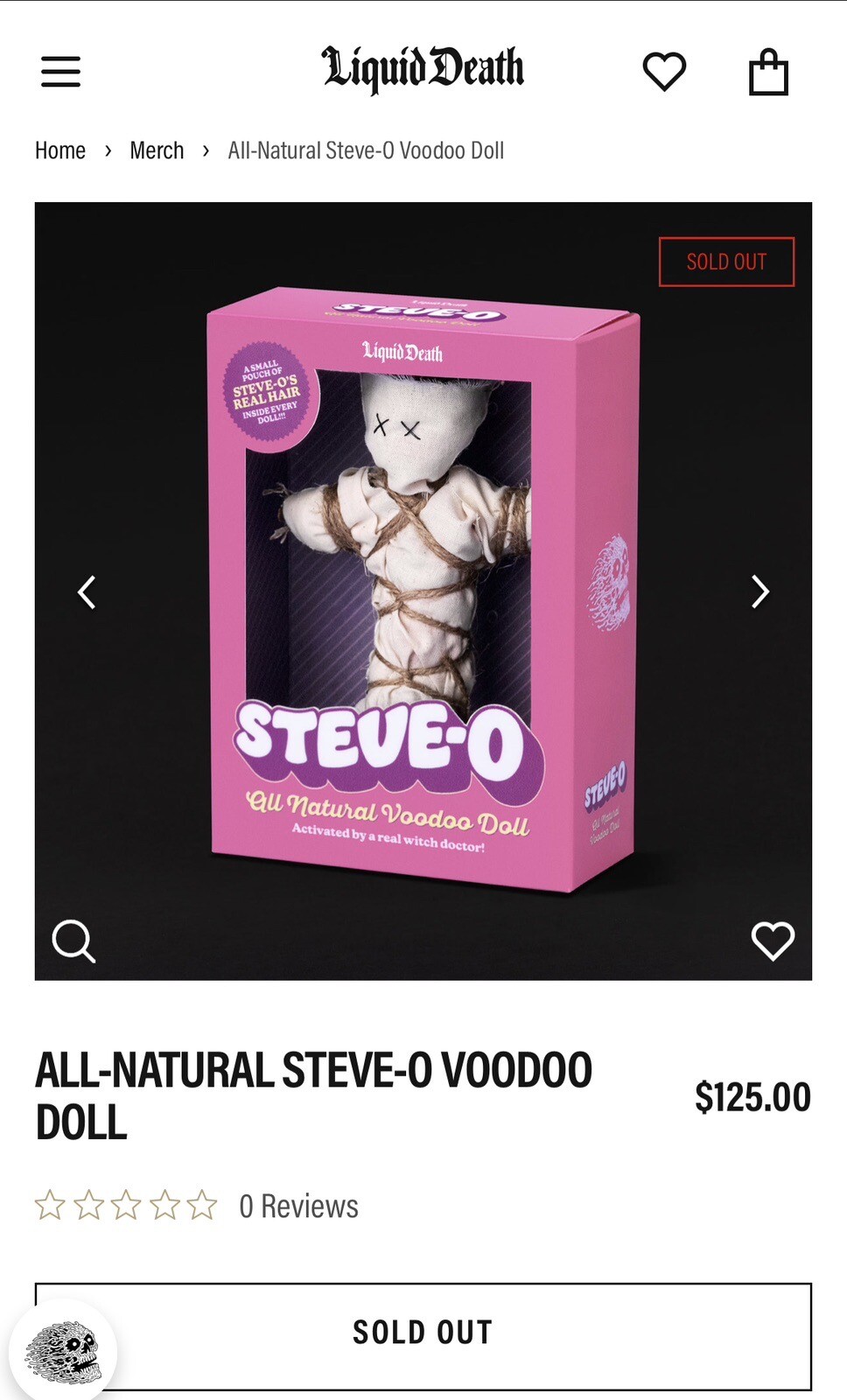 Liquid Death All Natural Steve-O Voodoo Doll w/Real Hair! LIMITED Sold Out!