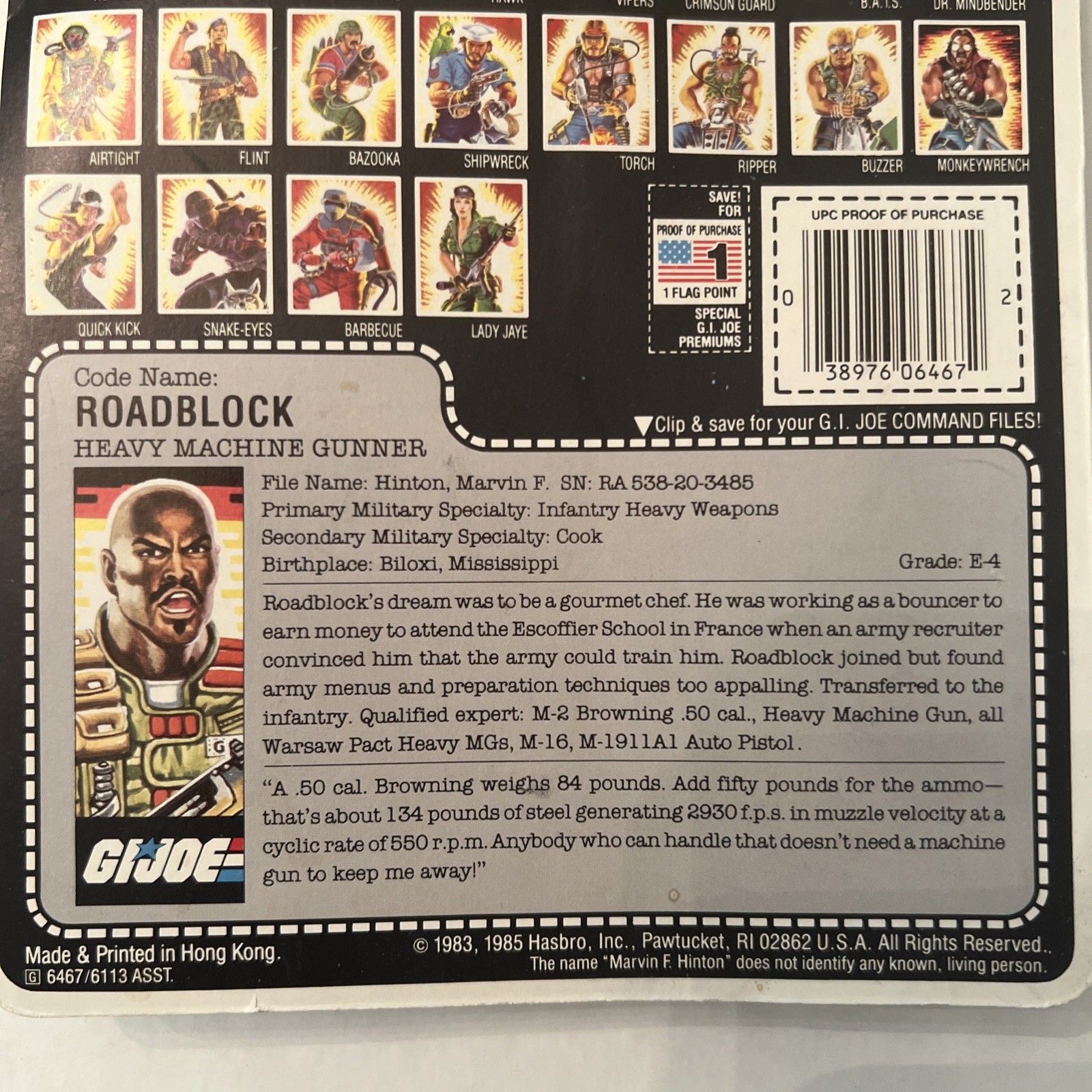GI Joe ARAH Action Figure – ROADBLOCK – 1985 – Carded Unpunched Original