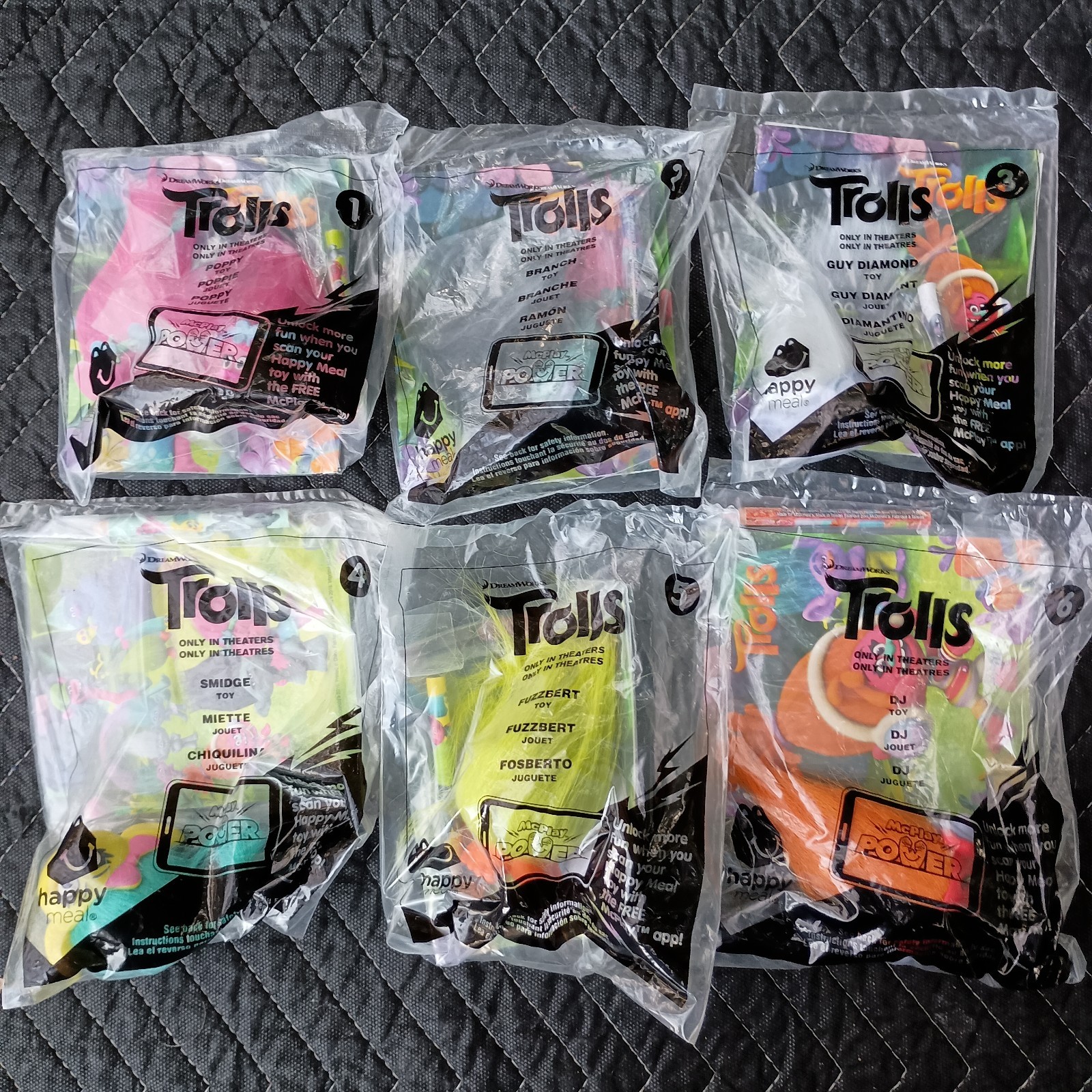 Lot of (6) NEW Trolls #1 2 3 4 5 6 McDonalds Happy Meal Toys from year 2016
