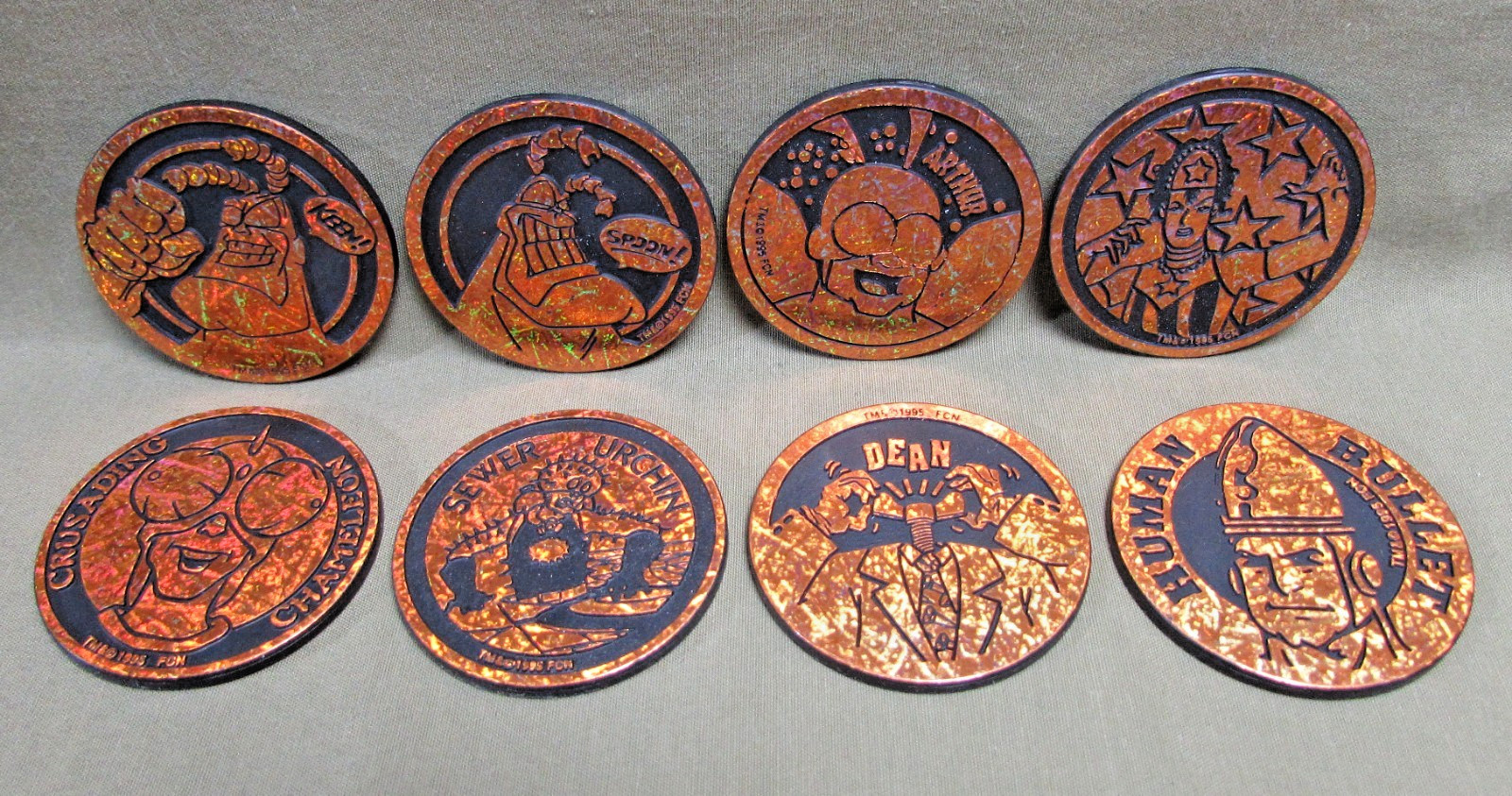 SET OF 8 COPPER THE TICK KINI SLAMMERS 1995 Plastic Pog Milkcap Fox Network