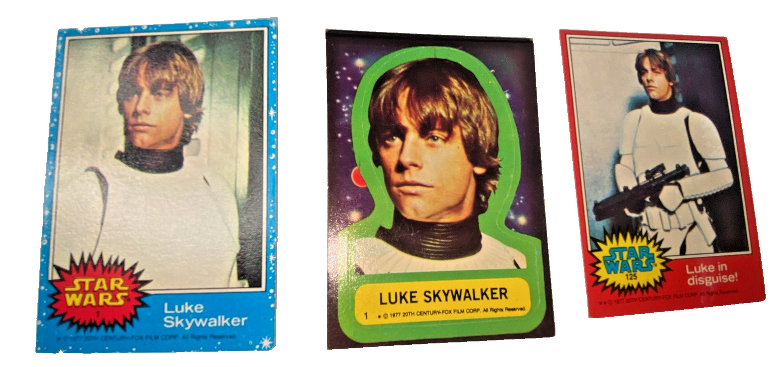VTG STAR WARS TRADING CARDS LOT LUKE SKYWALKER BLUE BORDER #1, STICKER 1977 RED
