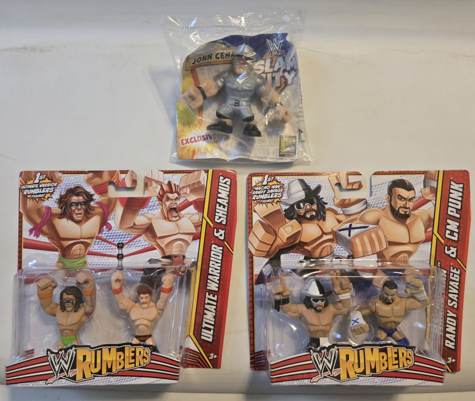 WWE RUMBLERS CM PUNK MACHO MAN RANDY SAVAGE ULTIMATE WARRIOR SHEAMUS + SDCC CENA