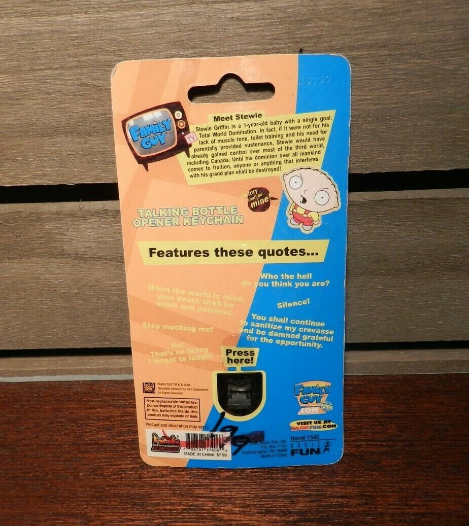 2006 Basic Fun Family Guy Stewie Talking Bottle Opener Keychain New NO SOUND