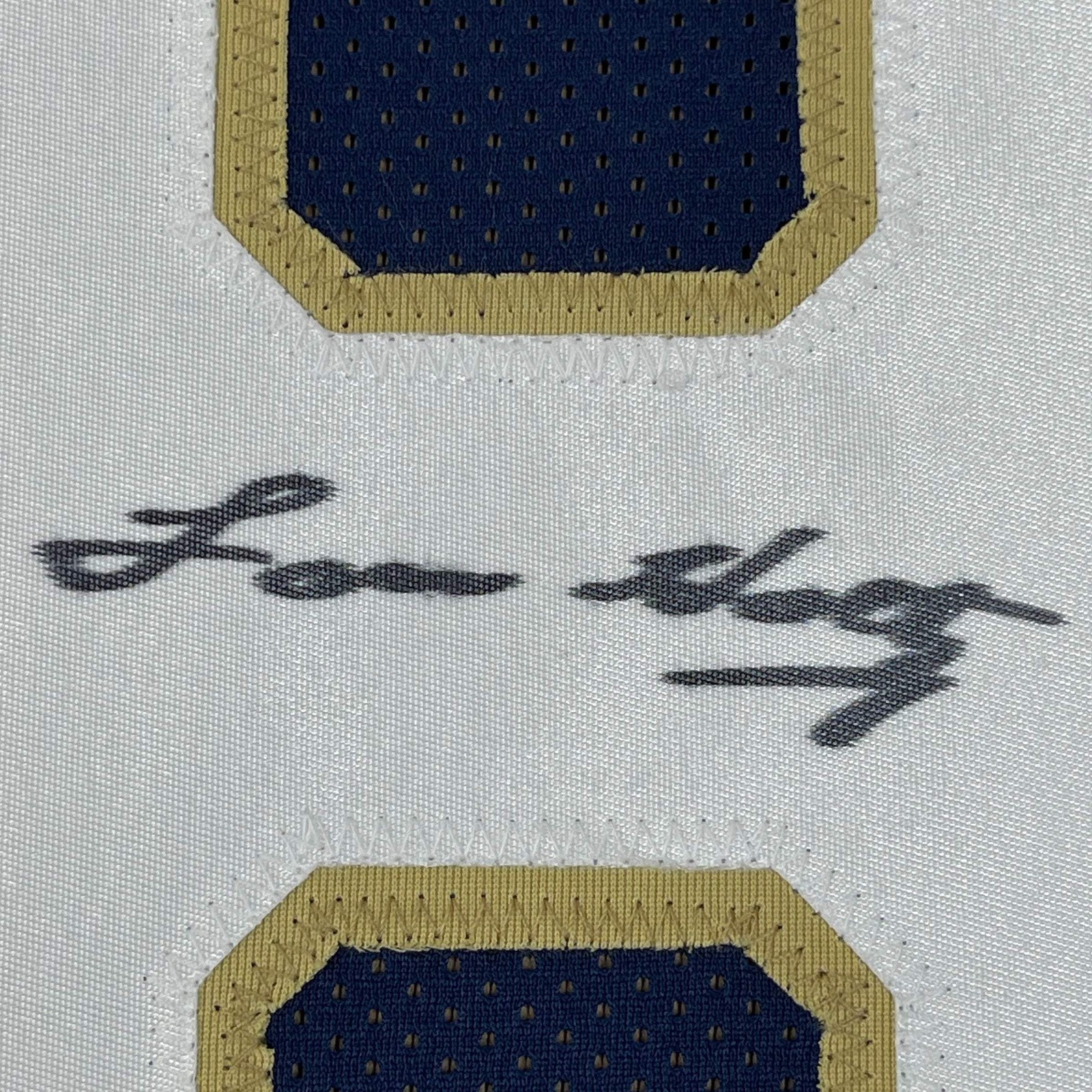 Framed Autographed/Signed Lou Holtz 33×42 Notre Dame Blue College Jersey JSA COA