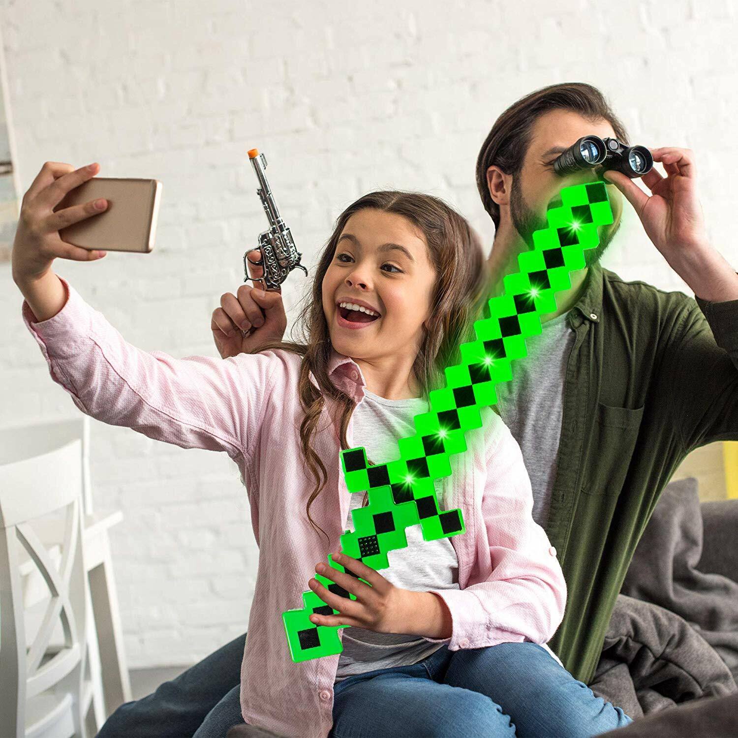 SET of 2 – MineCraft Pixel Classic Sword LED Flashing Lights and FX Sounds Green