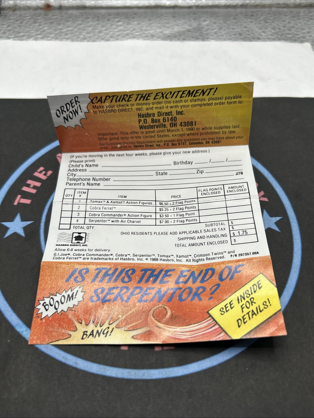 GI Joe ARAH. 1988 Is This The End Of Serpentor. Order Form. Figure Insert (3)