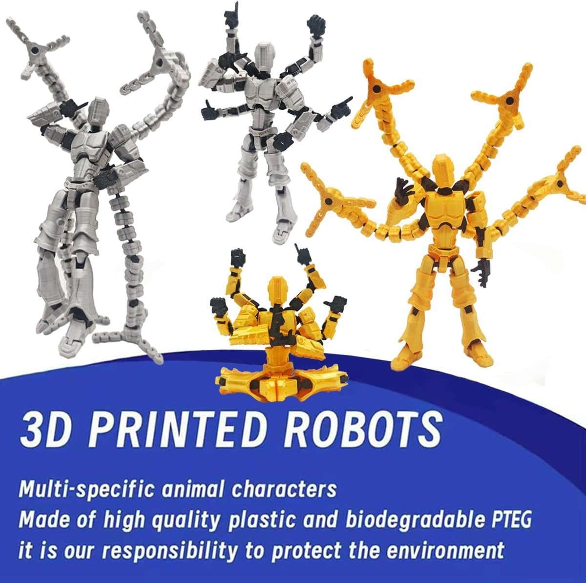 T13 3D Action Figures 2PCS Multi-Jointed Robot Desktop Toy Gold Silver