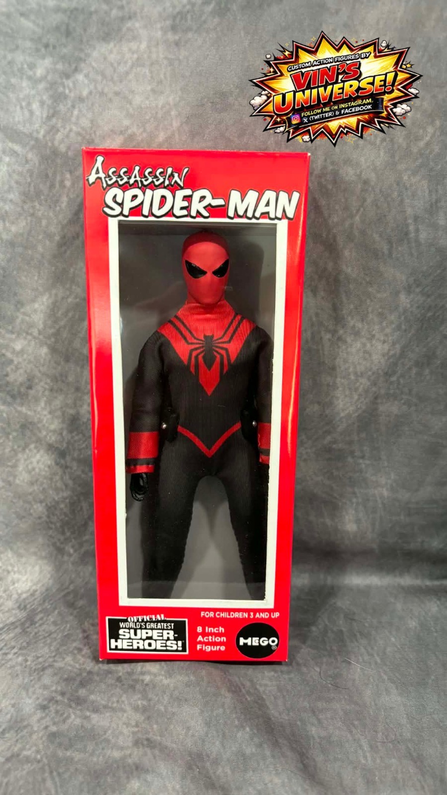 Custom 8&Prime; Mego Scale SpiderMan Assassin Peter Parker Action Figure & Display Box