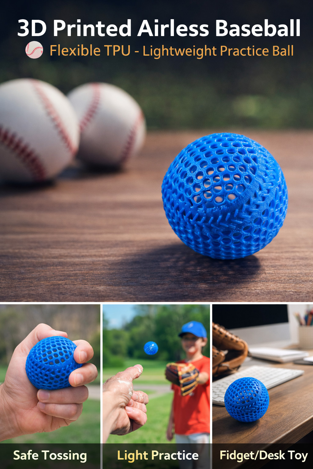 3D Printed Airless Baseball – Flexible TPU – Lightweight Ball – Multiple Colors
