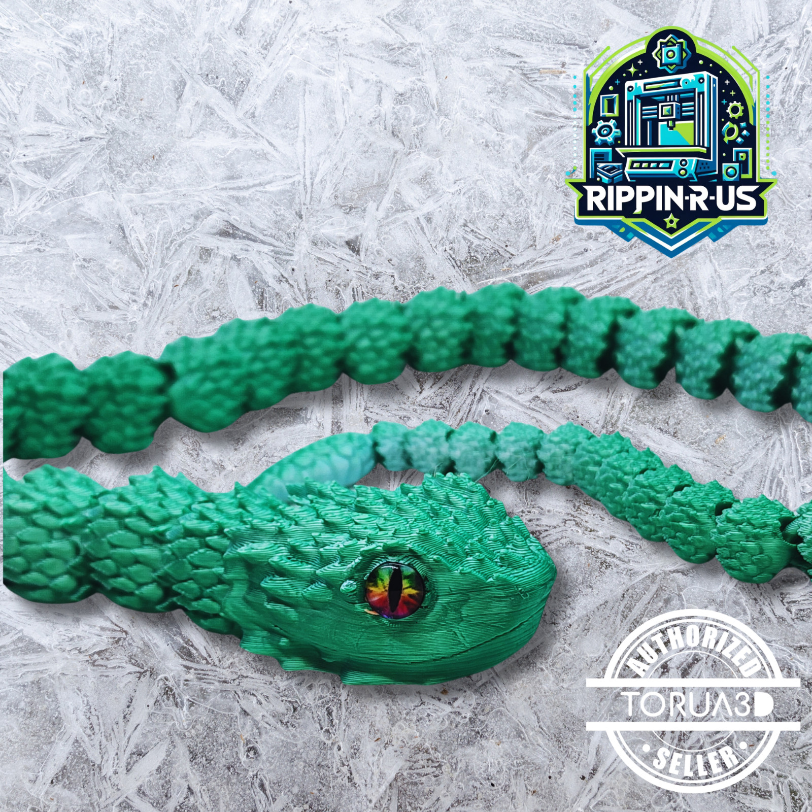 3D Printed Articulating Snake Copper Head Snake Green & White 23&Prime; Long W/ Eyes