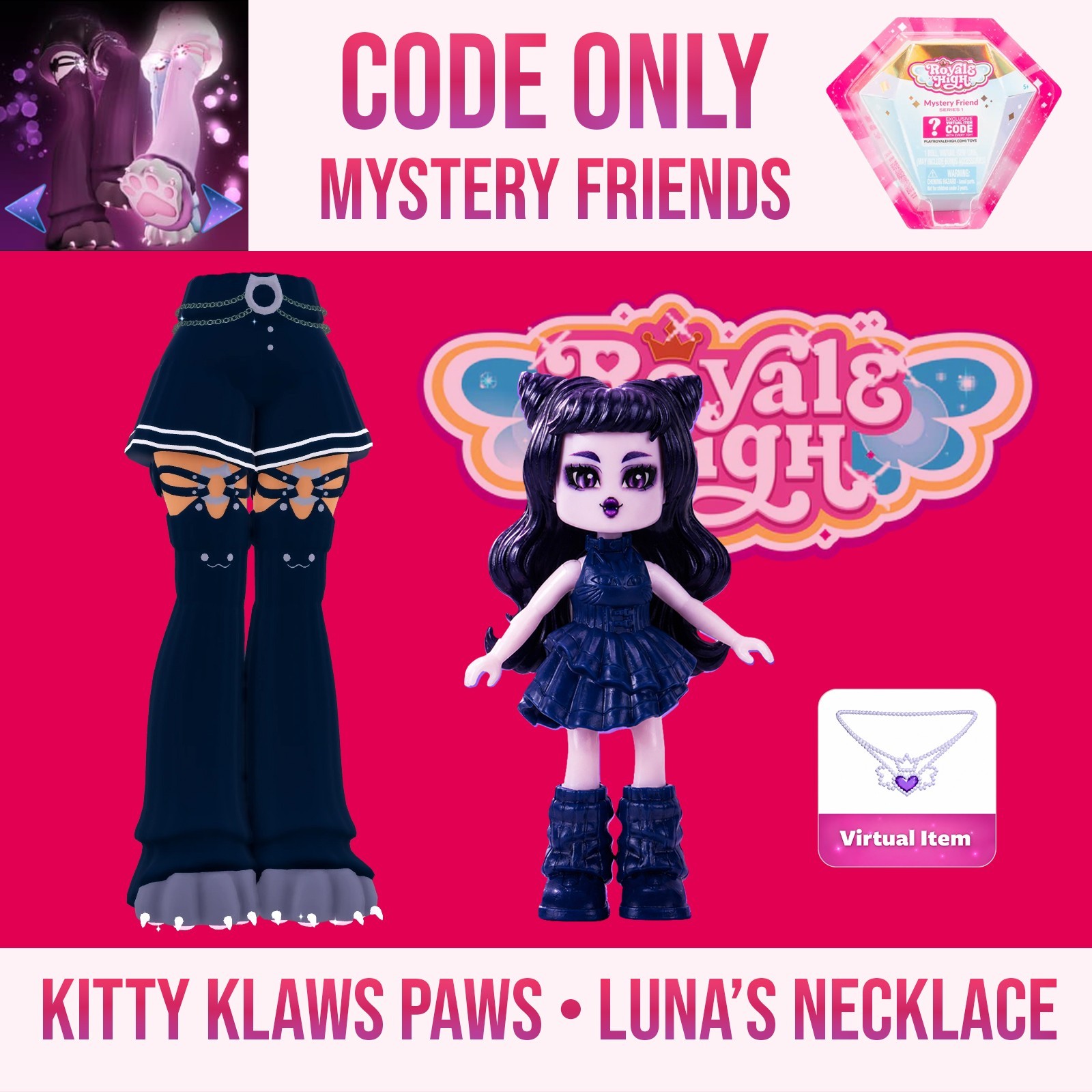 Royale High 💜 KITTY KLAWS PAWS *CODE ONLY* Luna&rsquo;s Necklace Mystery Friends ASAP