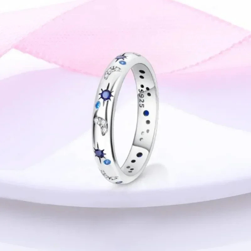 New Celestial Blue Sparkling Moon Sun Star Crystal Ring for Women Fashion