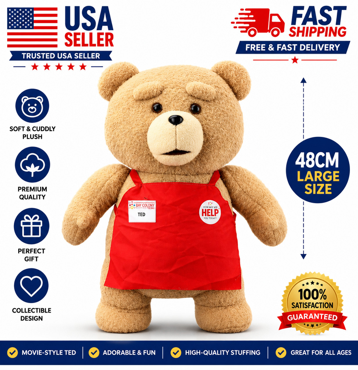 48CM Movie Style Teddy Bear Plush Doll Soft Stuffed Animal Apron Outfit Gift Toy