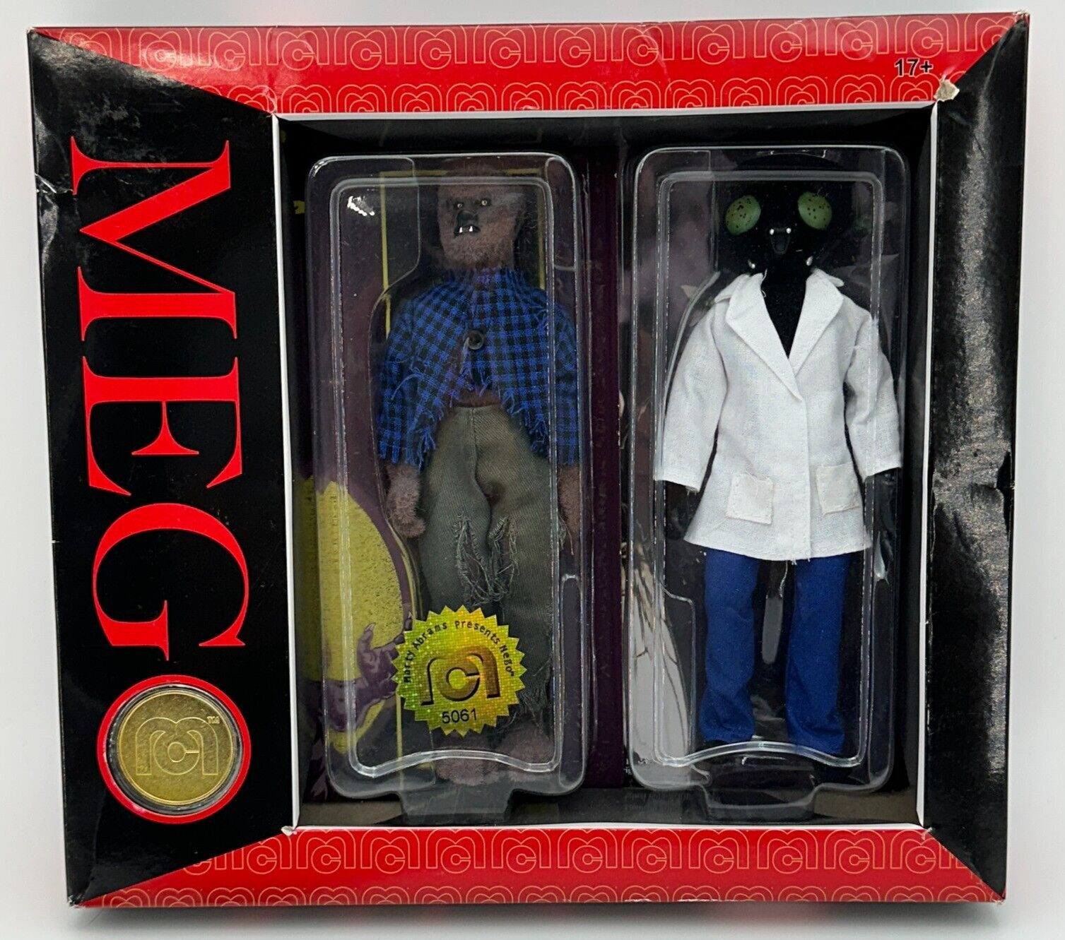 MEGO The Fly Wolfman Horror Figure Set Flocked Exclusive Coin Sealed 13×10