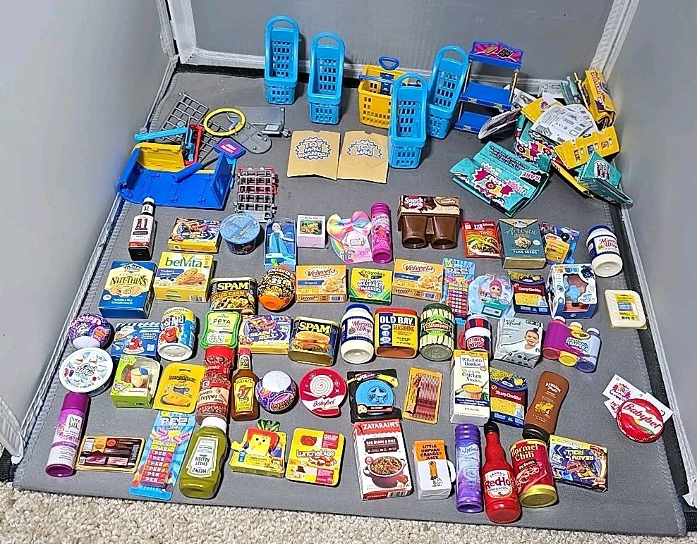 Lot 70+ Zuru Mini Brands Mixed Food, Condiments Toy Grocery Boxed Items W carts