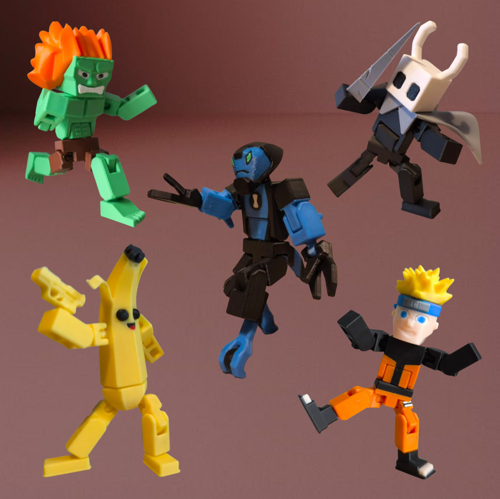 Articulated Hollow Knight, Peely, Naruto, Blanka Fighter, XLR8 Ben10, 3D Printed