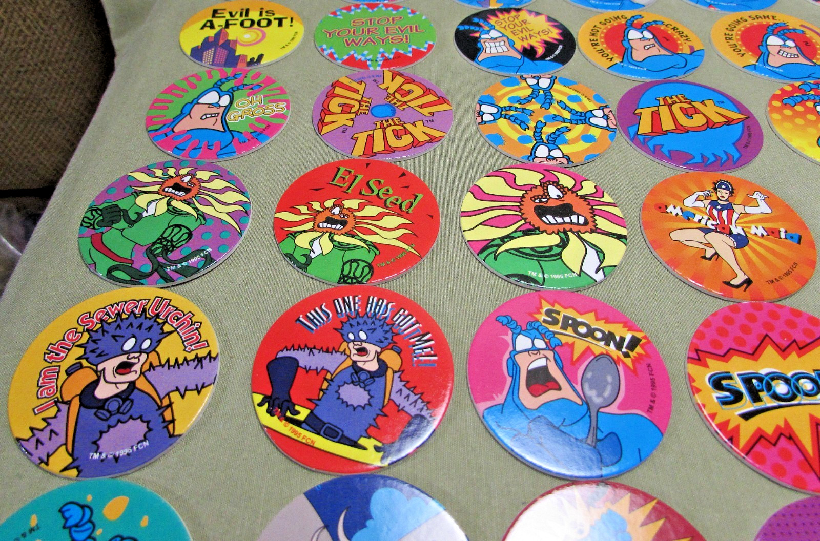 1995 THE TICK POG MILKCAP COMPLETE SET of 60 Fox Children&rsquo;s Network Ben Edlund