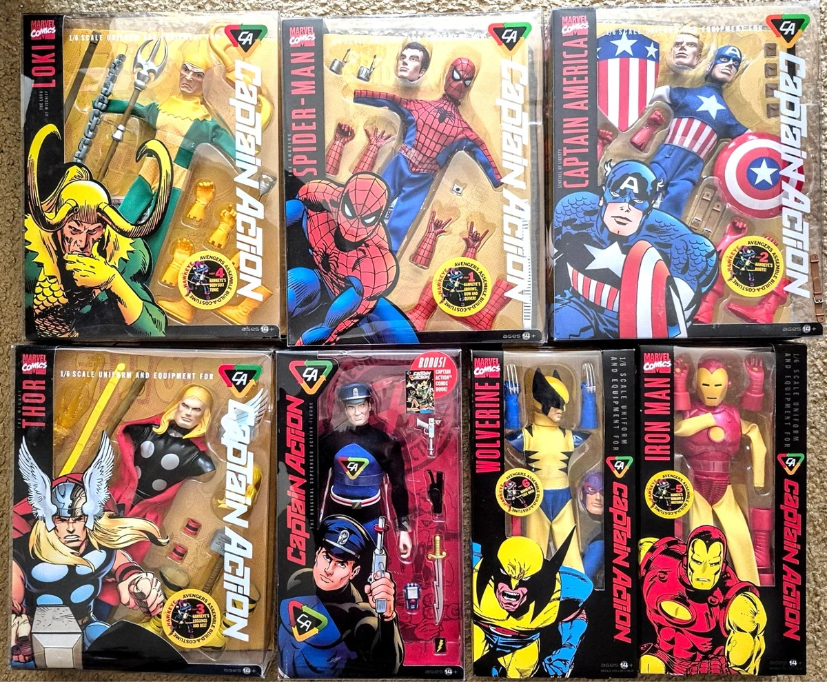 CAPTAIN ACTION ROUND 2 FIGURES AND SIX MARVEL COSTUMES MINT IRON MAN HAWKEYE