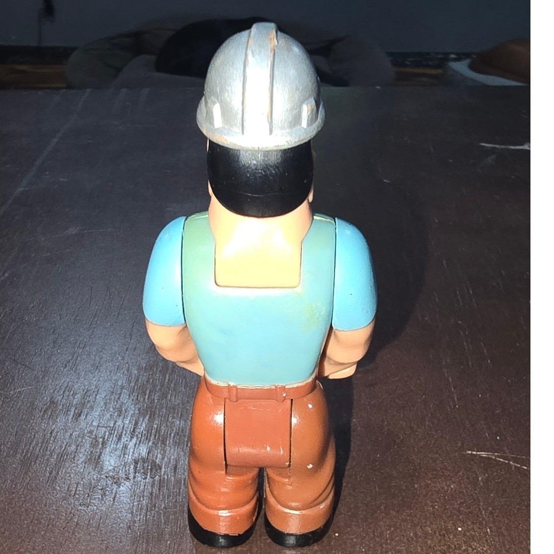 Vintage Construction Worker Action Figure Silver Hard Hat Mustache Toy Builder