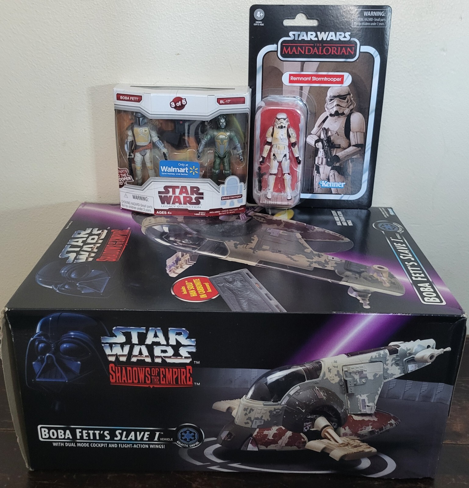 Star Wars Hasbro Walmart Boba Fett & BL-17 Droid, Slave 1 Ship, Stormtrooper NIB