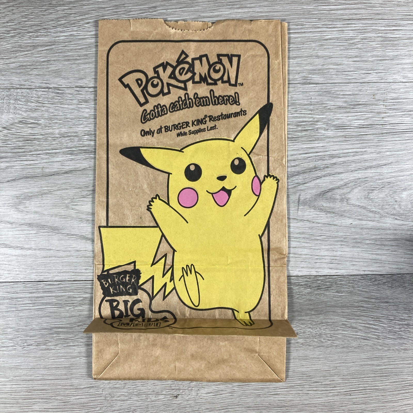 Pokemon Vintage 1999 Burger King Paper Kids Meal Bag Pikachu