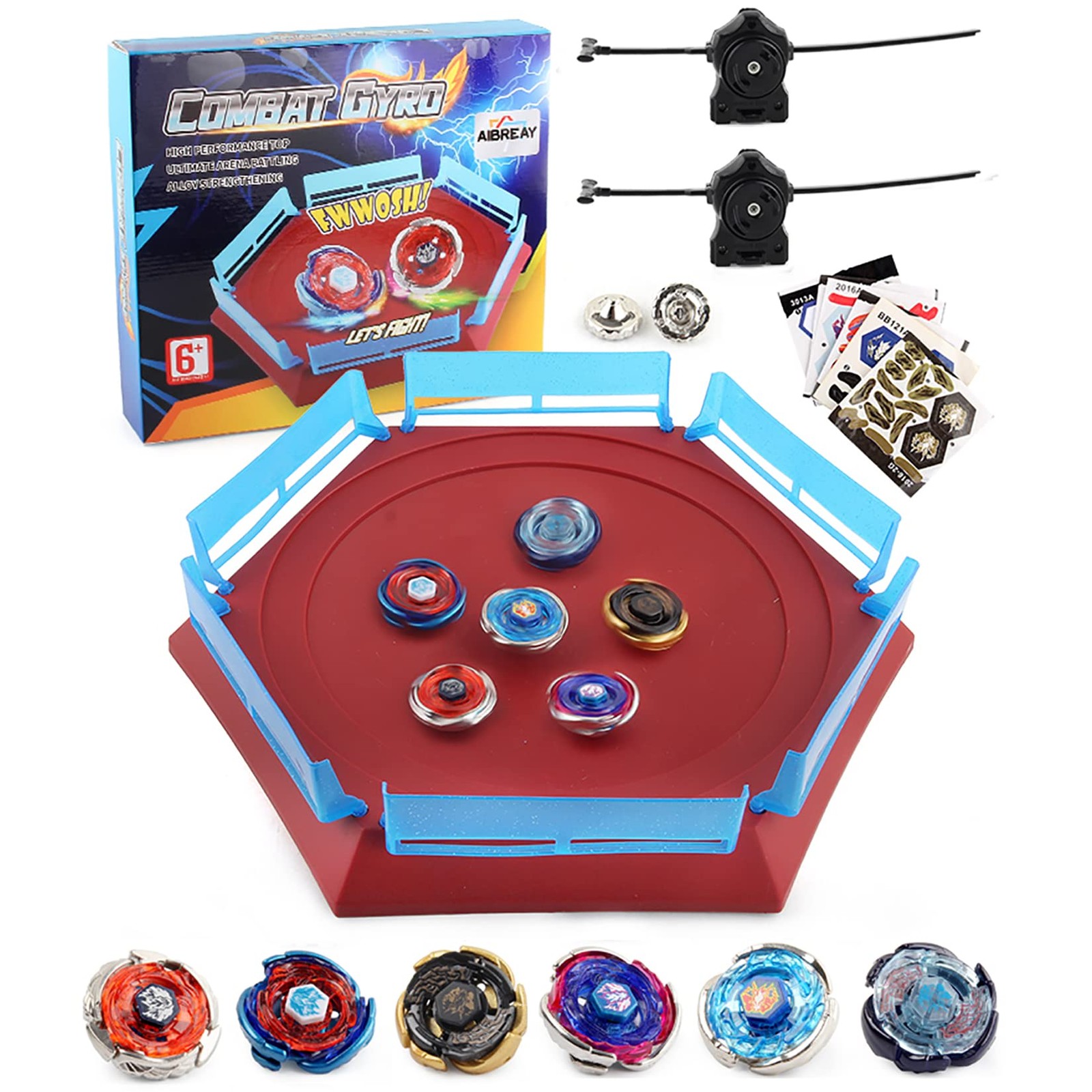 Battling Top Stadium Battle Set, 6 Metal Fusion Spinning Tops 2 Launchers 1 Aren