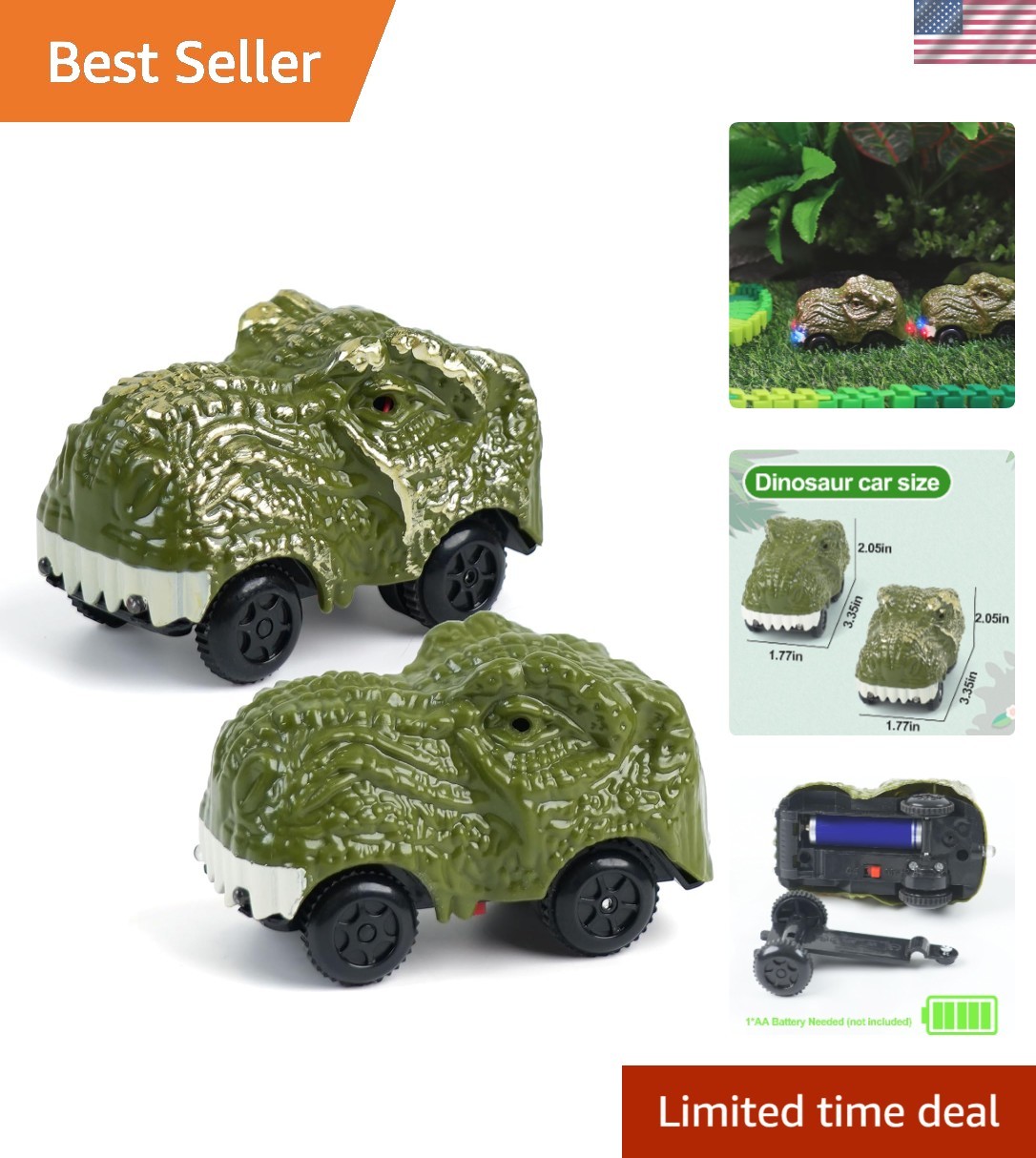 2-Pack Dinosaur Race Cars with Lights – Perfect for Kids 3-7 Birthday Gifts