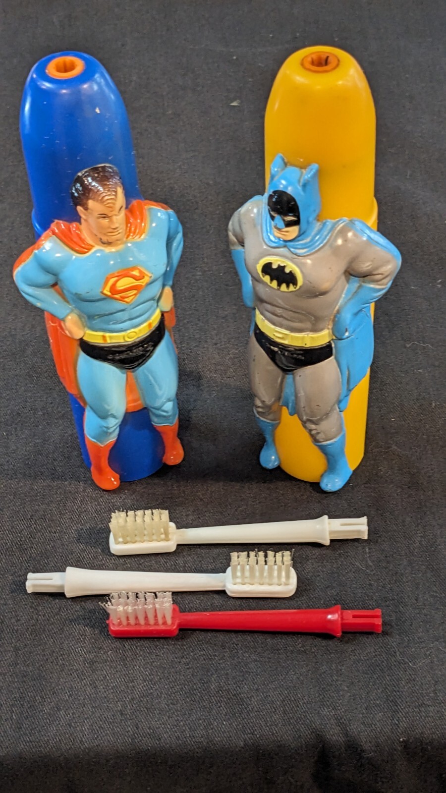 1974 Janex Batman & Superman Toothbrushes + 3 Bonus Heads