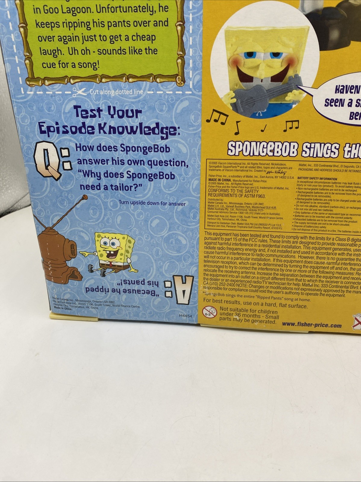 Spongebob Squarepants Ripped Pants Musical Toy 2005 Mattel NIB
