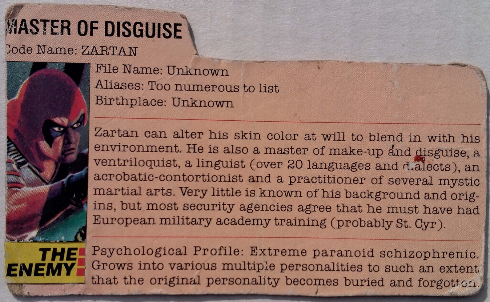 Vintage 1984 GI Joe Master of Disguise Dreadnok Zartan File Card