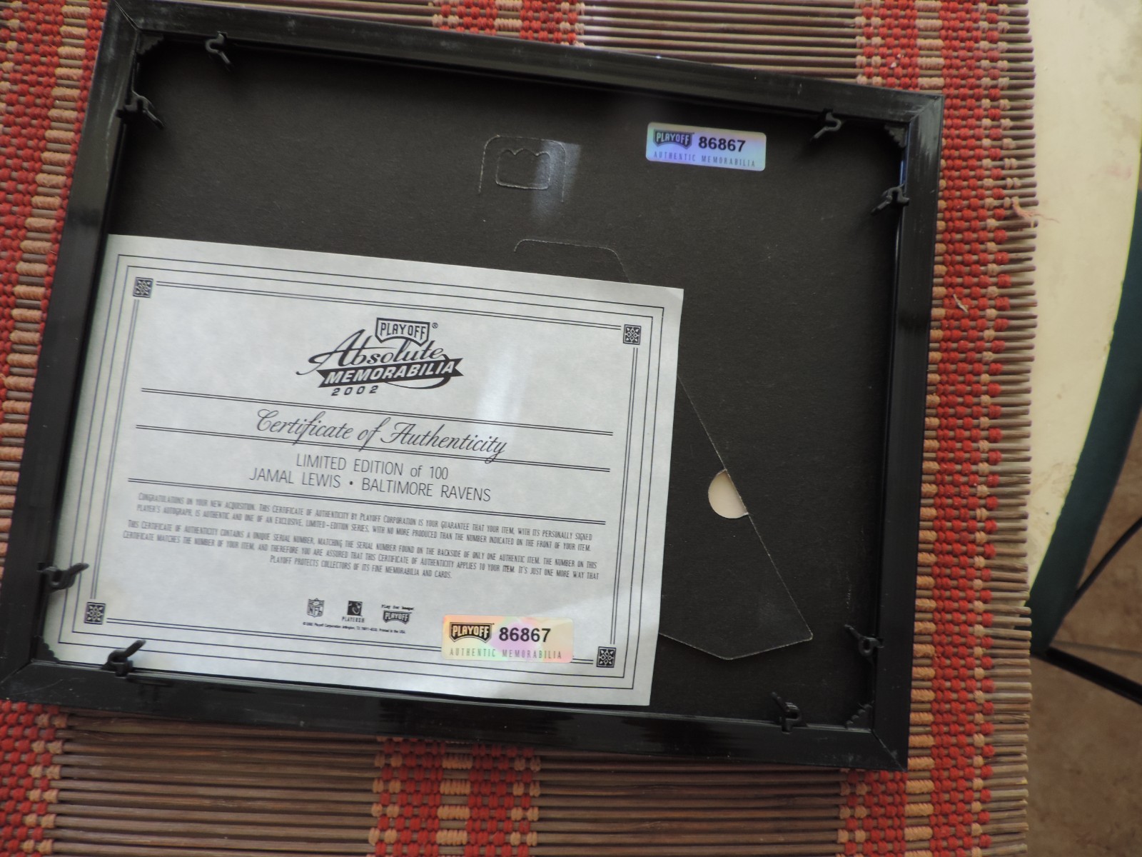 2002 NFL PLAYOFF ABSOLUTE PLAQUES, PERSONALLY AUTOGRAPHED BY PLAYER, LIMITED ED.