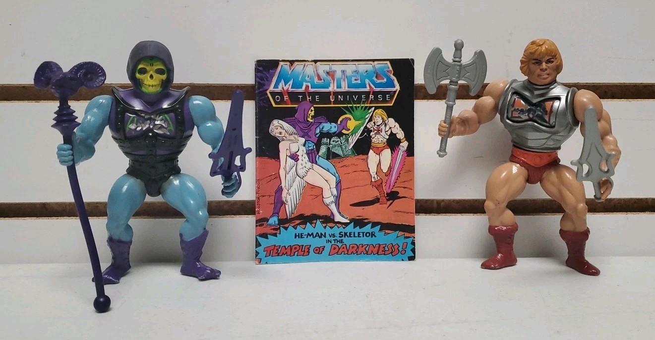 1984 Masters of the Universe Lot: Battle Damaged He-Man & Skeletor w/Mini Comic