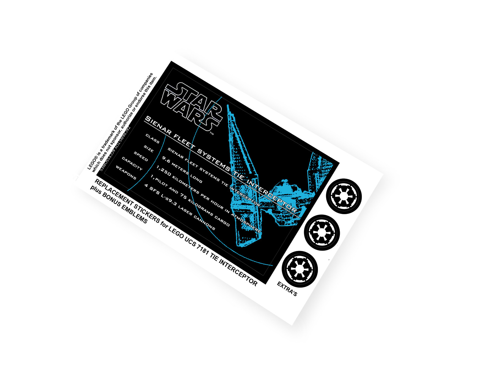 DIE CUT REPLACEMENT STICKERS for UCS Set 7181 TIE INTERCEPTOR ,STAR WARS MODELS