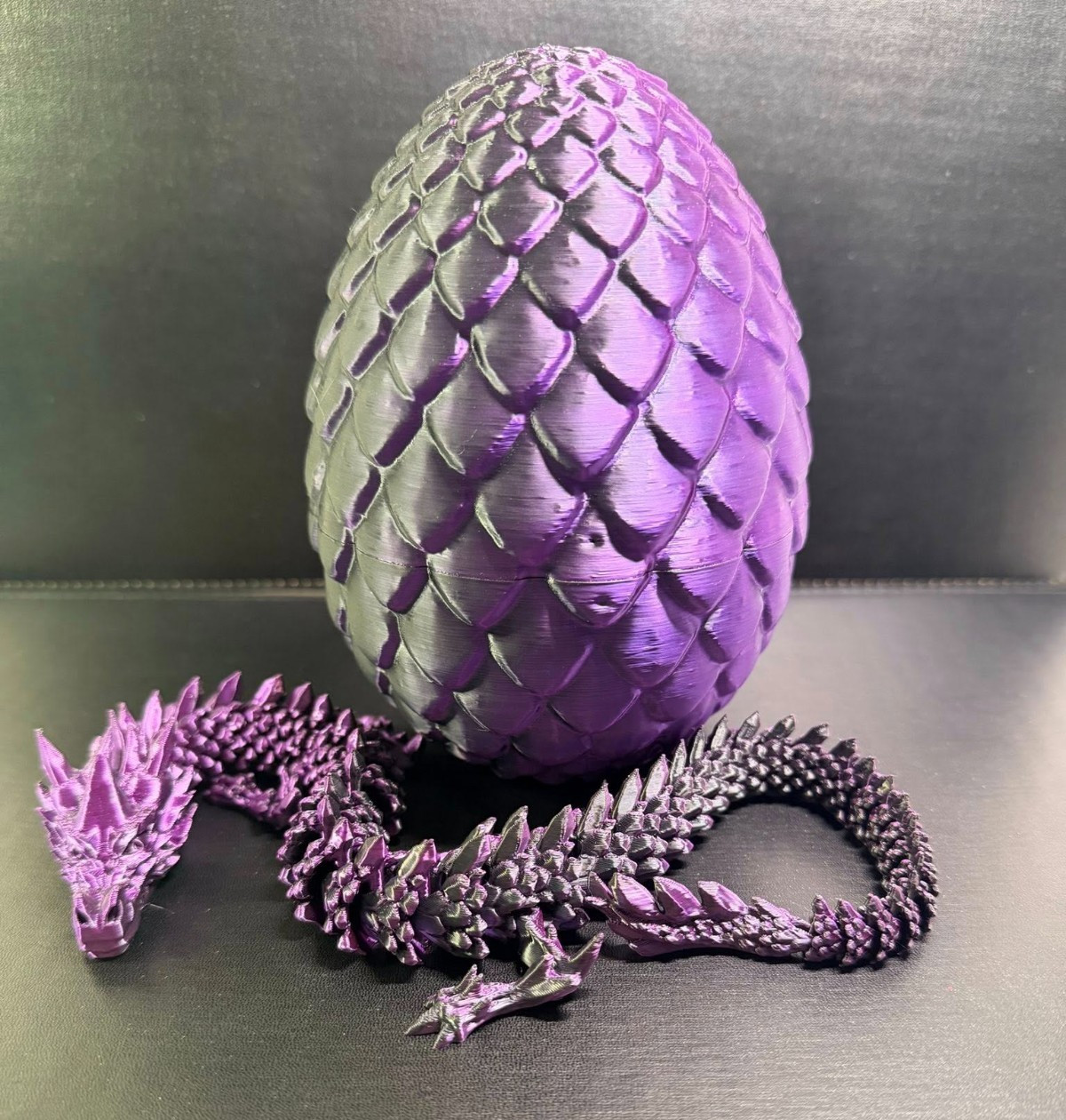 🐉🔥 3D Printed 15&Prime; Articulated Dragon With Egg 🌙 Black Purple Silk PLA