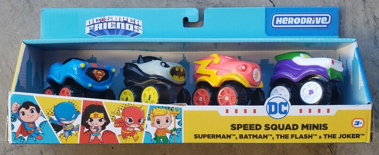 DC Super Friends HeroDrive Speed Squad Mini Cars 4pk Superman Batman Joker Flash
