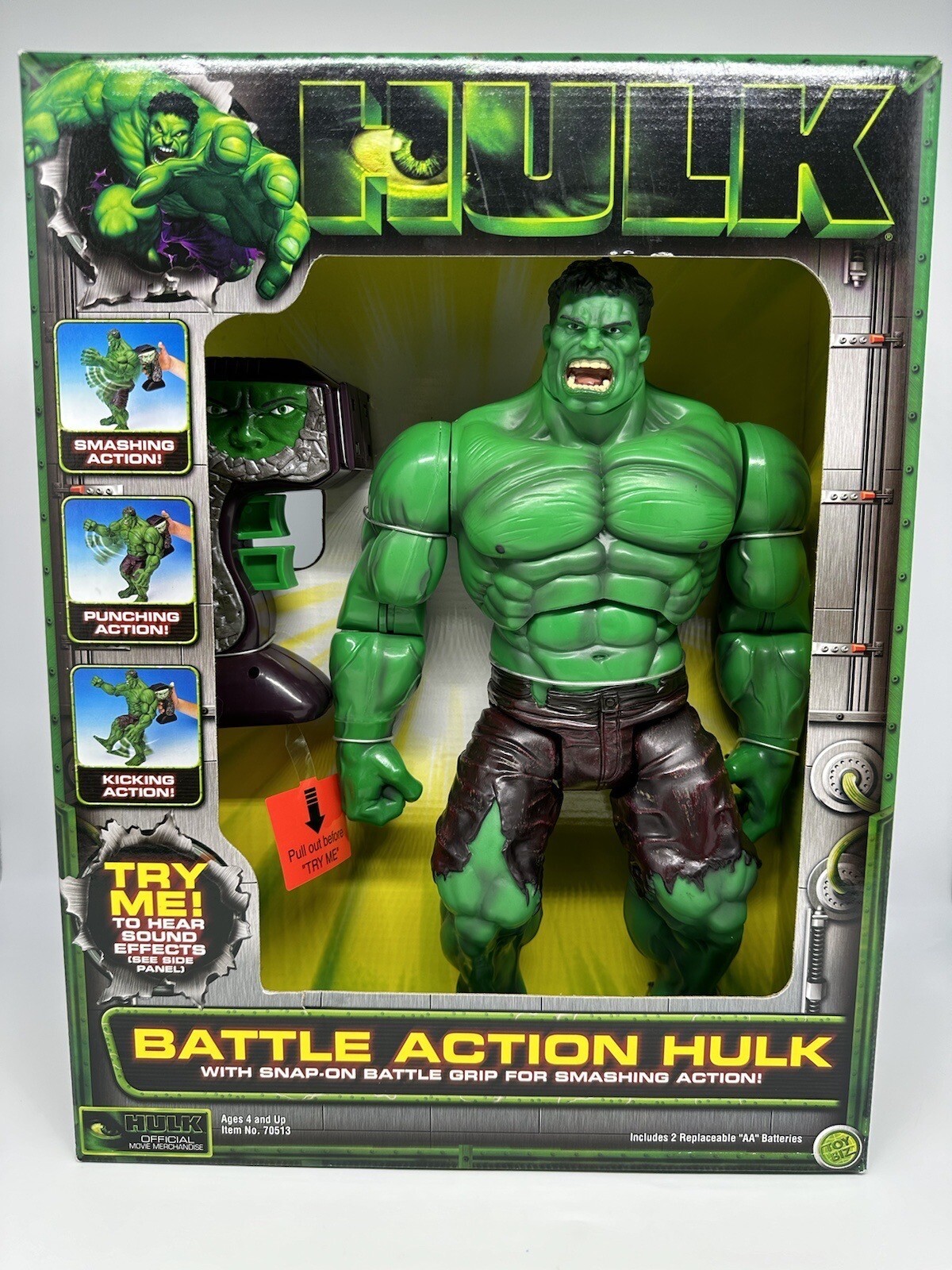 2003 Marvel Battle Action Hulk Toy Biz 12 Figure W/ Snap-On Battle Grip & Sound