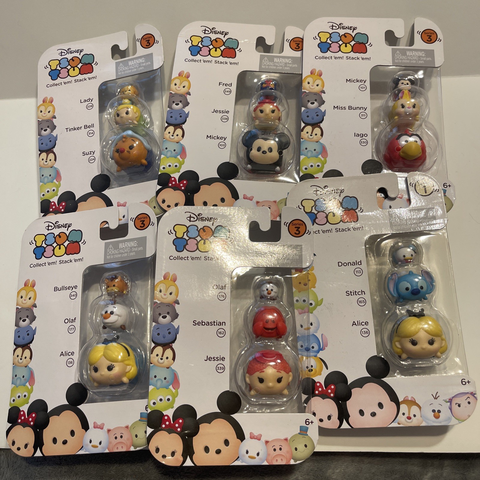 Disney Lot Of 6 Tsum Tsum 3 Pack Stack Em Series 1 & 3 Mickey Alice Stitch Olaf