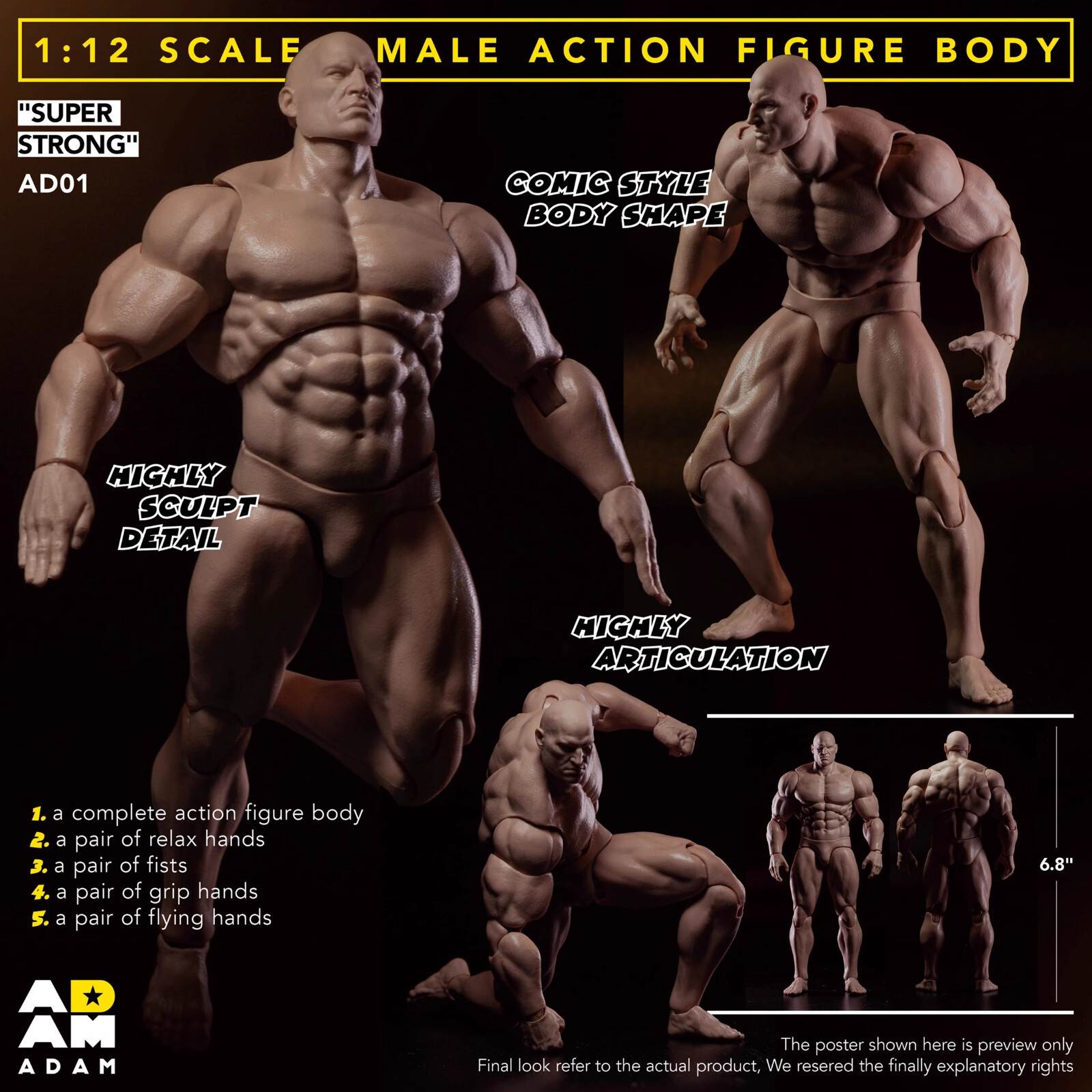 MUFF TOYS ADAM 1/12 Male Strong Muscle Doll 6 » Comic Action Figure Body w/Head
