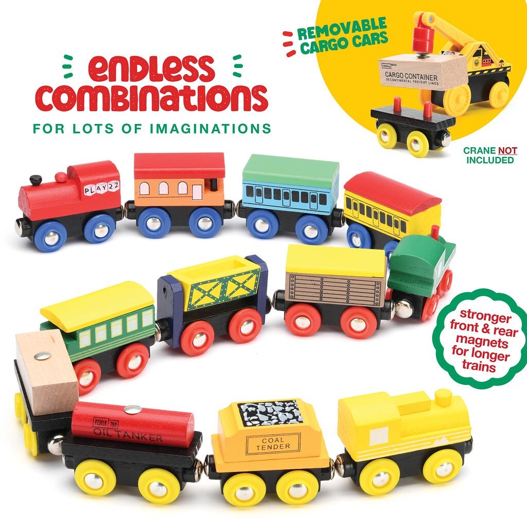 Wooden Train Set 12 Pcs Magnetic Includes 3 Engines-Toy Train Sets for Kids