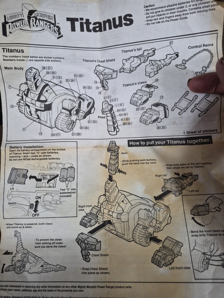 1993 Mighty Morphin Power Rangers Titanus Carrier Zord Instructions Only stained