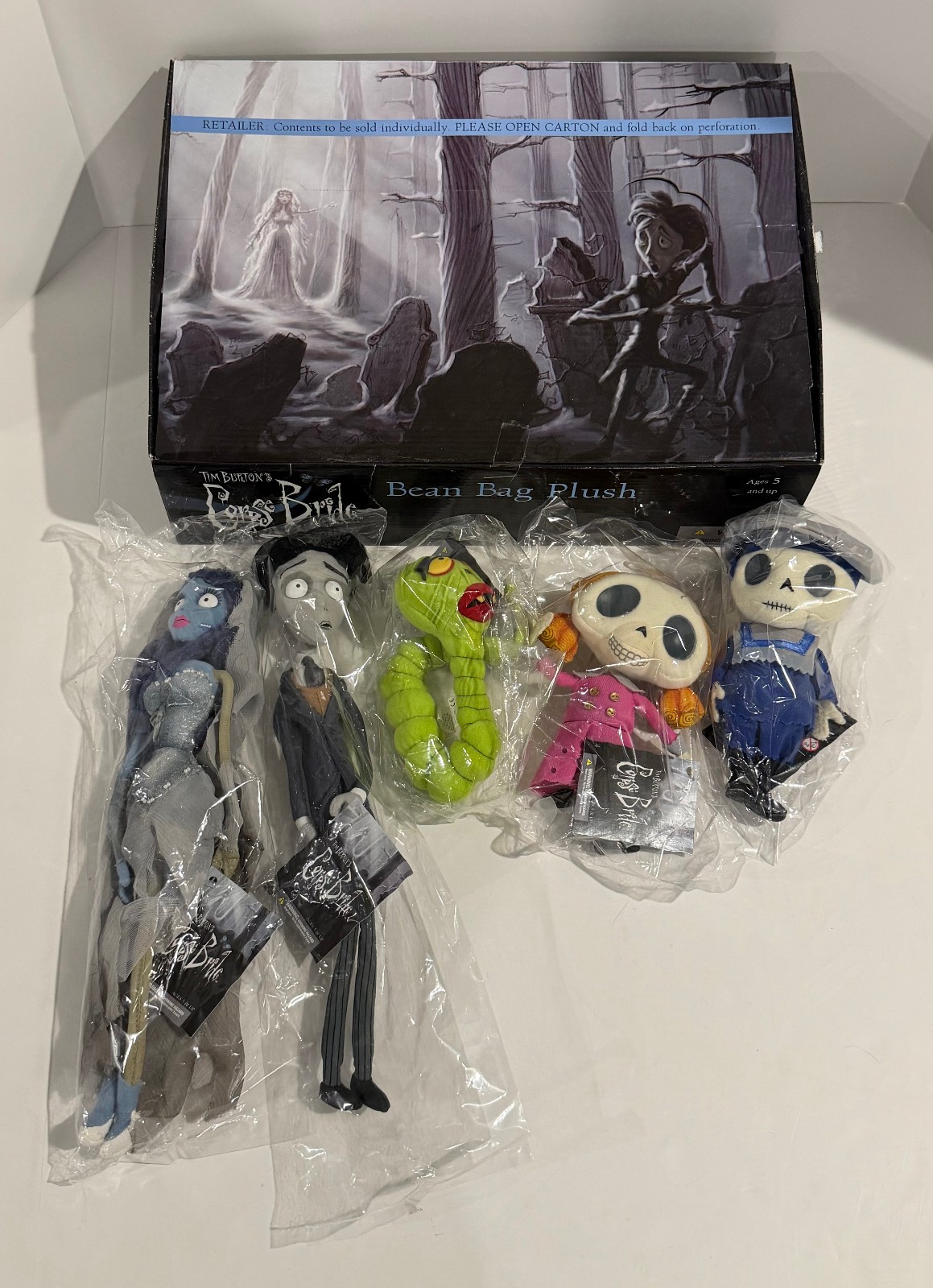 2005 CORPSE BRIDE Plush – EMILY VICTOR MAGGOT SKELETON BOY & GIRL w/ Retail Box!