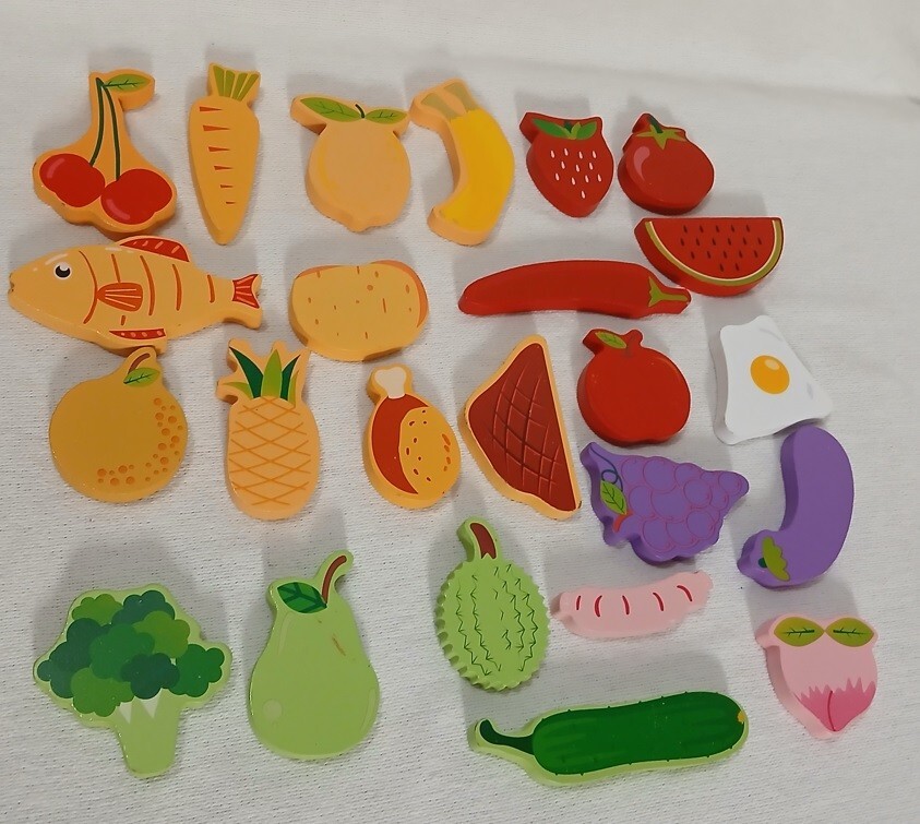 Wooden Pieces (24) Child&rsquo;s Play Toddler Toys Food Fish Fruit Colorful Shapes