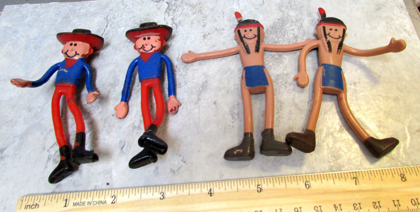 plastic bendable 4 inch figures, 2 Native Americans 2 Cowboys fun toys for kids
