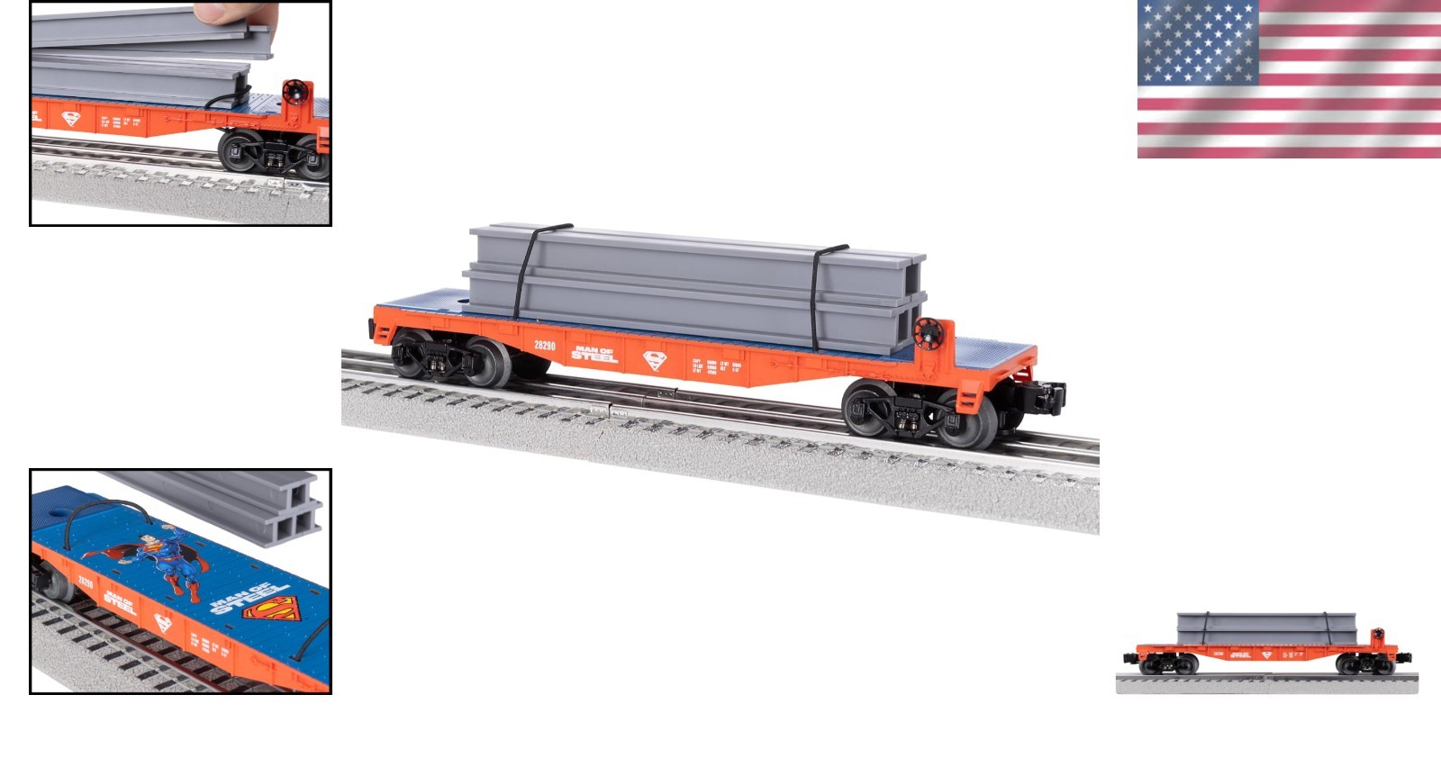 Superman O Gauge Flatcar Model Train with Removable Steel Beams for Collectors