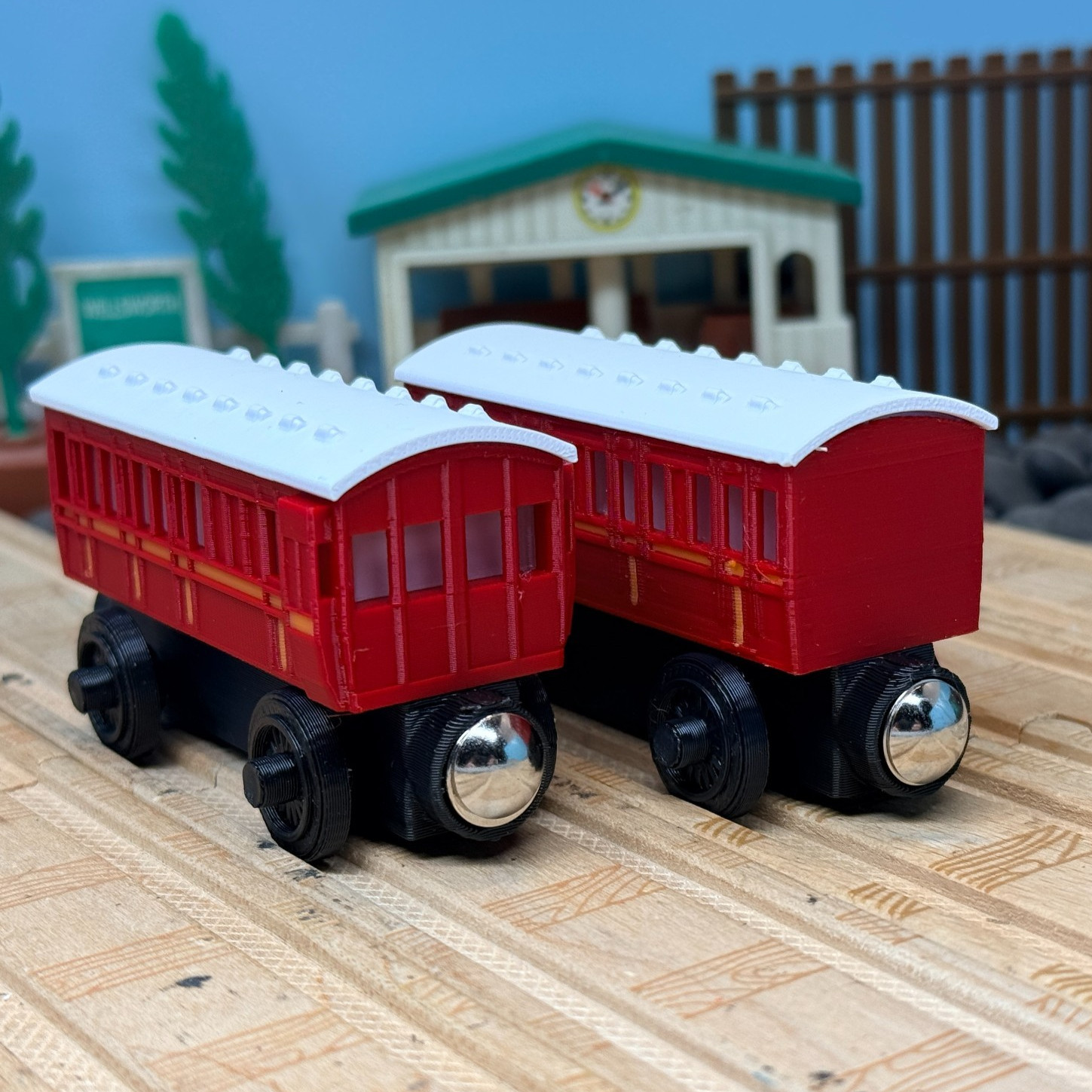 Wooden Railway Branch Line Coach & Brake Van Dark Red Custom for Thomas Train